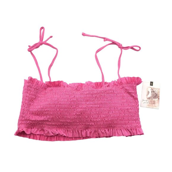 Jessica Simpson Womens Pink Glitter Bomb Smocked Bandeau Bikini Swim Top S - Picture 3 of 6